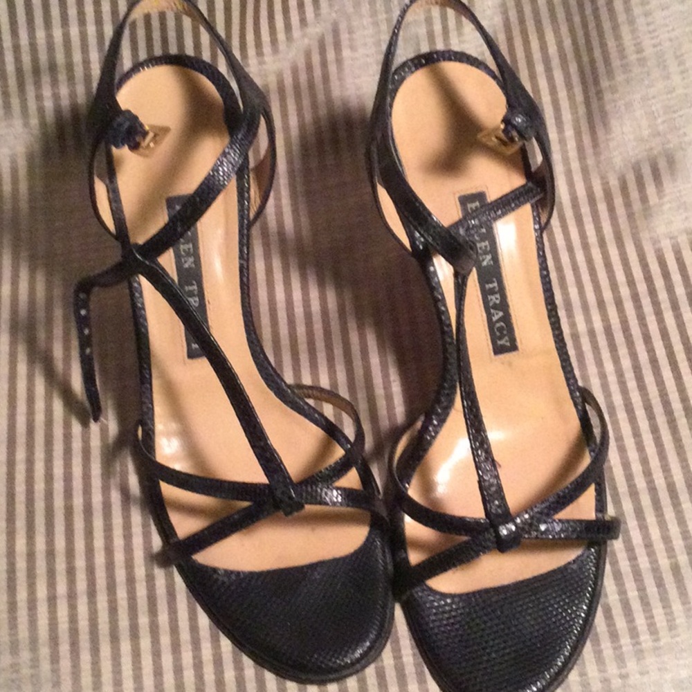 Ellen Tracy black strappy Karung (snake skin) shoes